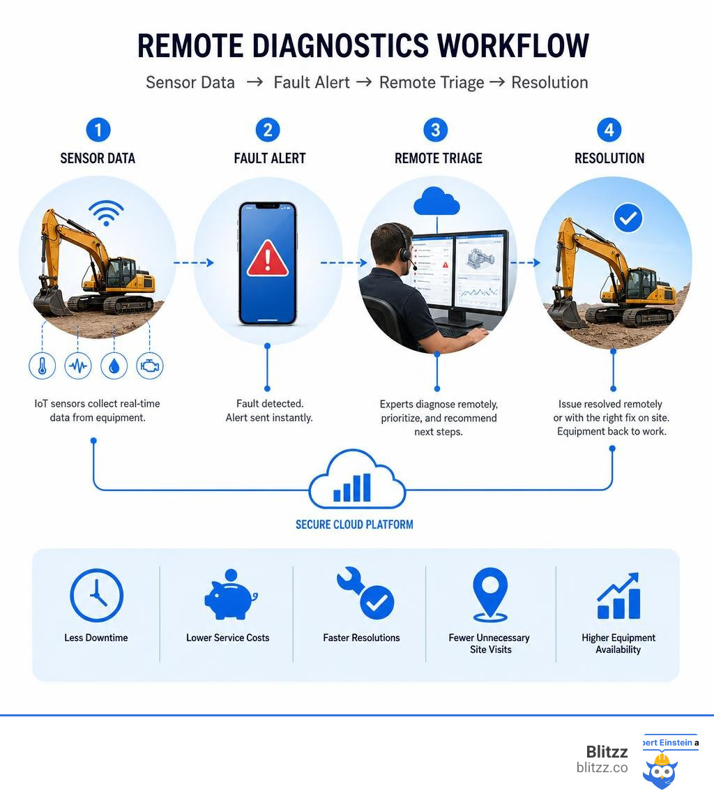 Remote diagnostics workflow: sensor data to fault alert to remote triage to resolution infographic