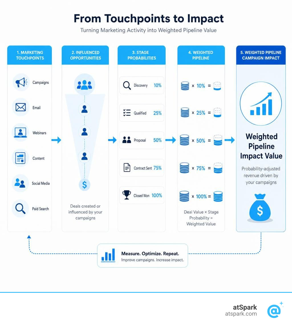 Flow from marketing touchpoints through stage probabilities to weighted pipeline campaign impact value infographic