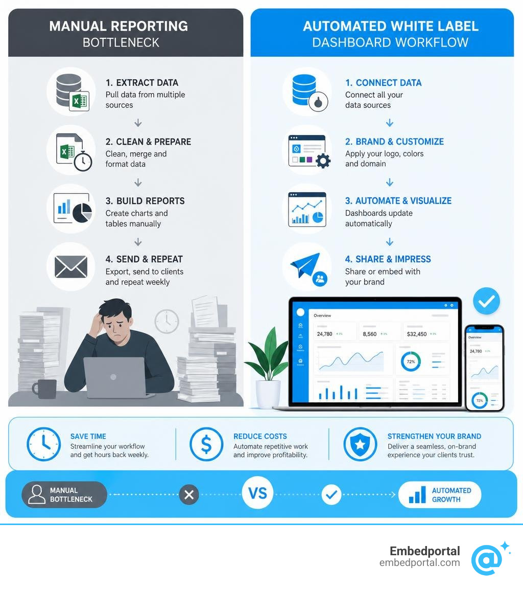 Manual reporting bottleneck vs automated white label dashboard workflow showing time, cost, and branding benefits infographic