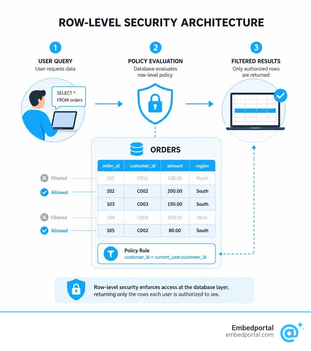 Row-level security architecture: user query, policy evaluation, filtered results returned infographic