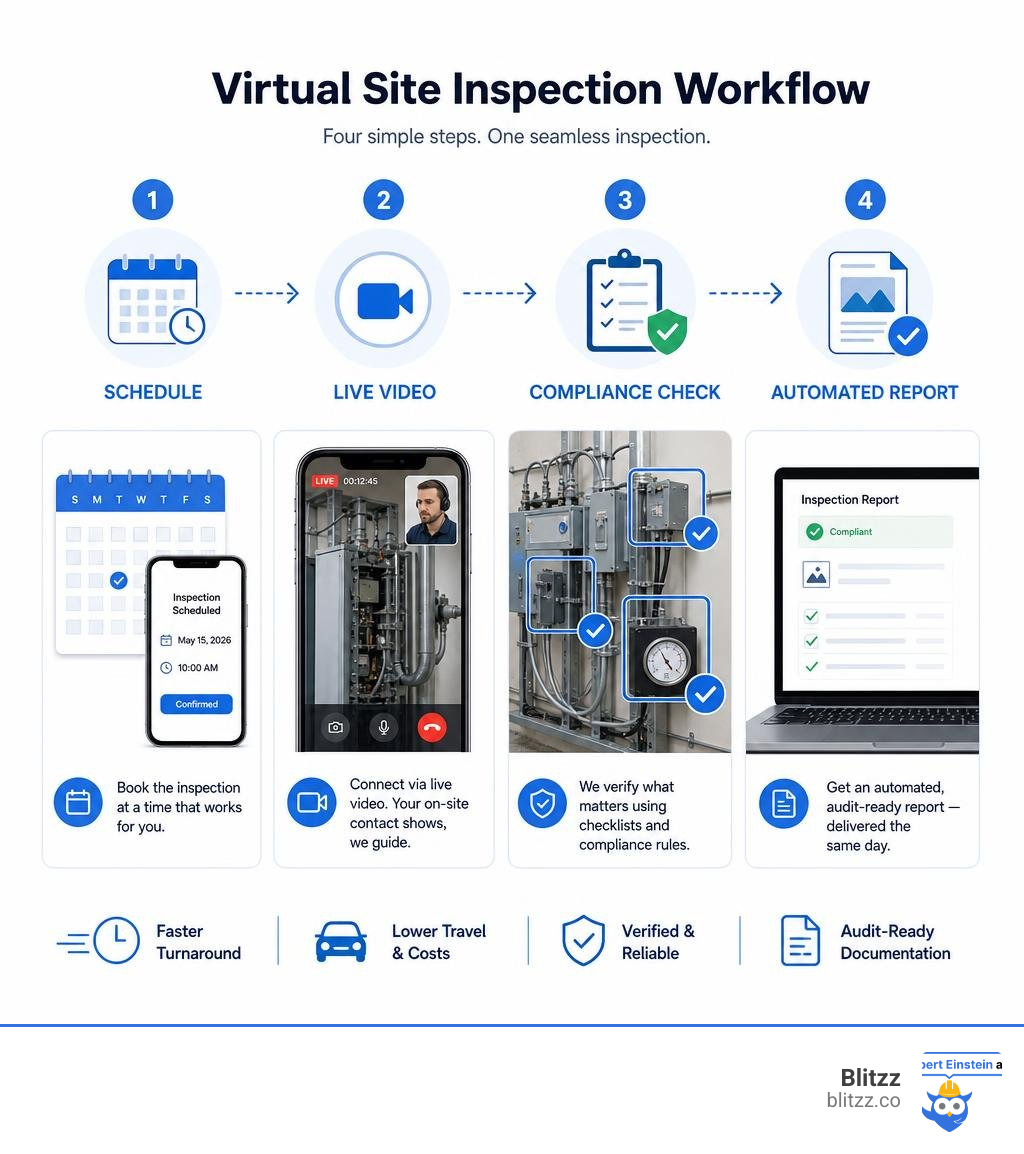 Virtual site inspection workflow: schedule, live video, compliance check, automated report infographic