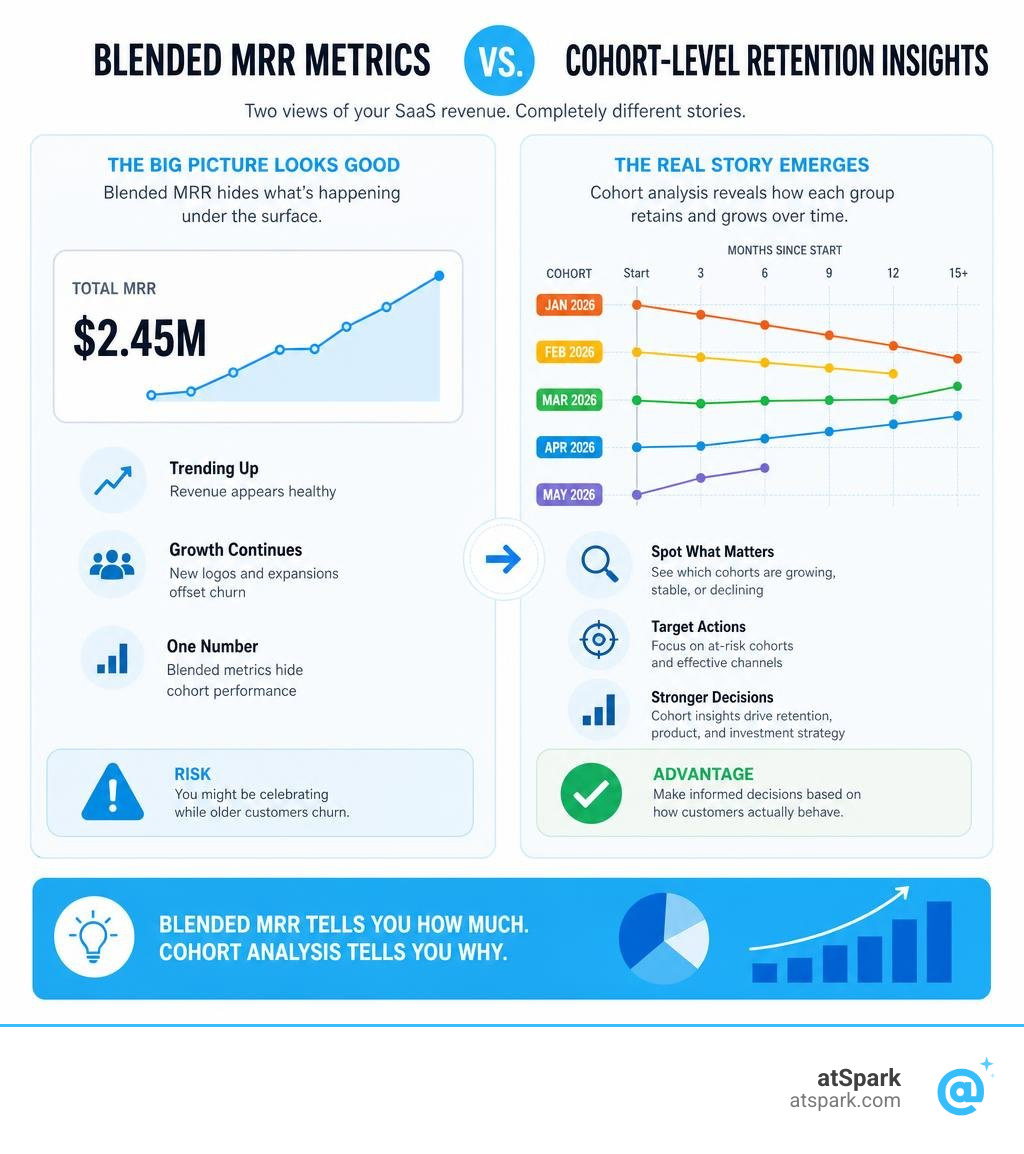 Infographic comparing blended MRR metrics vs cohort-level retention insights in SaaS infographic