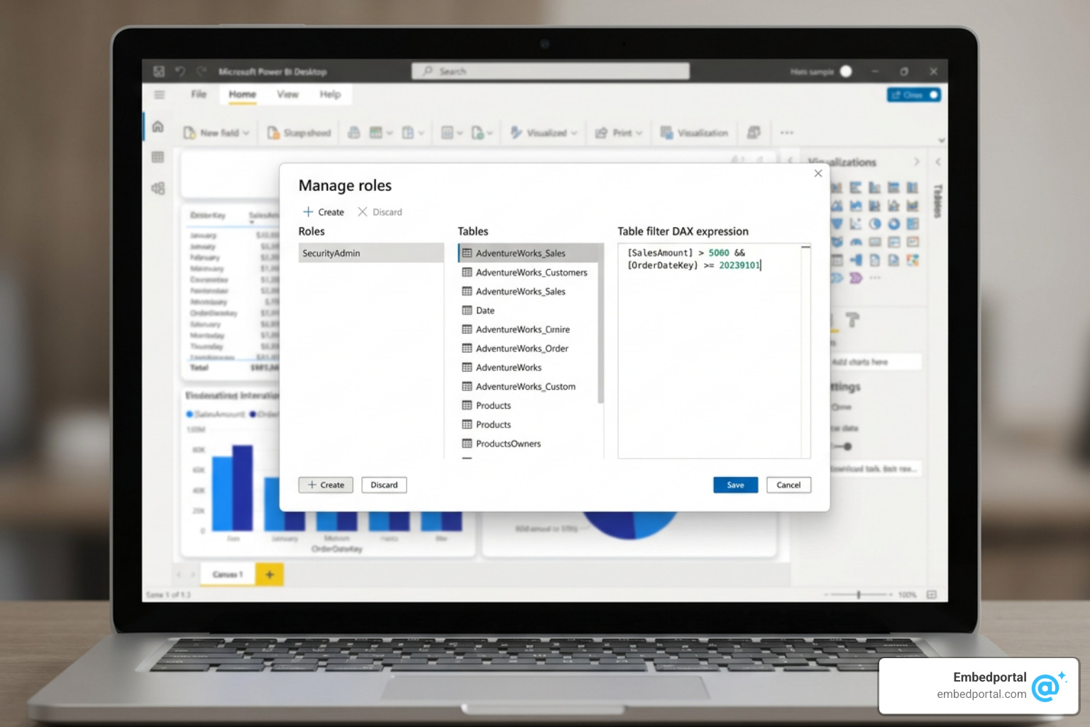 Manage Roles window in Power BI Desktop showing how to create roles and apply DAX filters