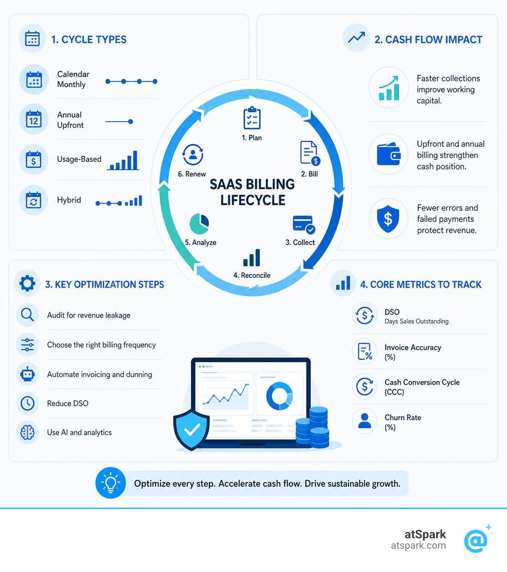 SaaS billing lifecycle infographic: cycle types, cash flow impact, key optimization steps, and metrics infographic SaaS billing lifecycle infographic: cycle types, cash flow impact, key optimization steps, and metrics infographic
