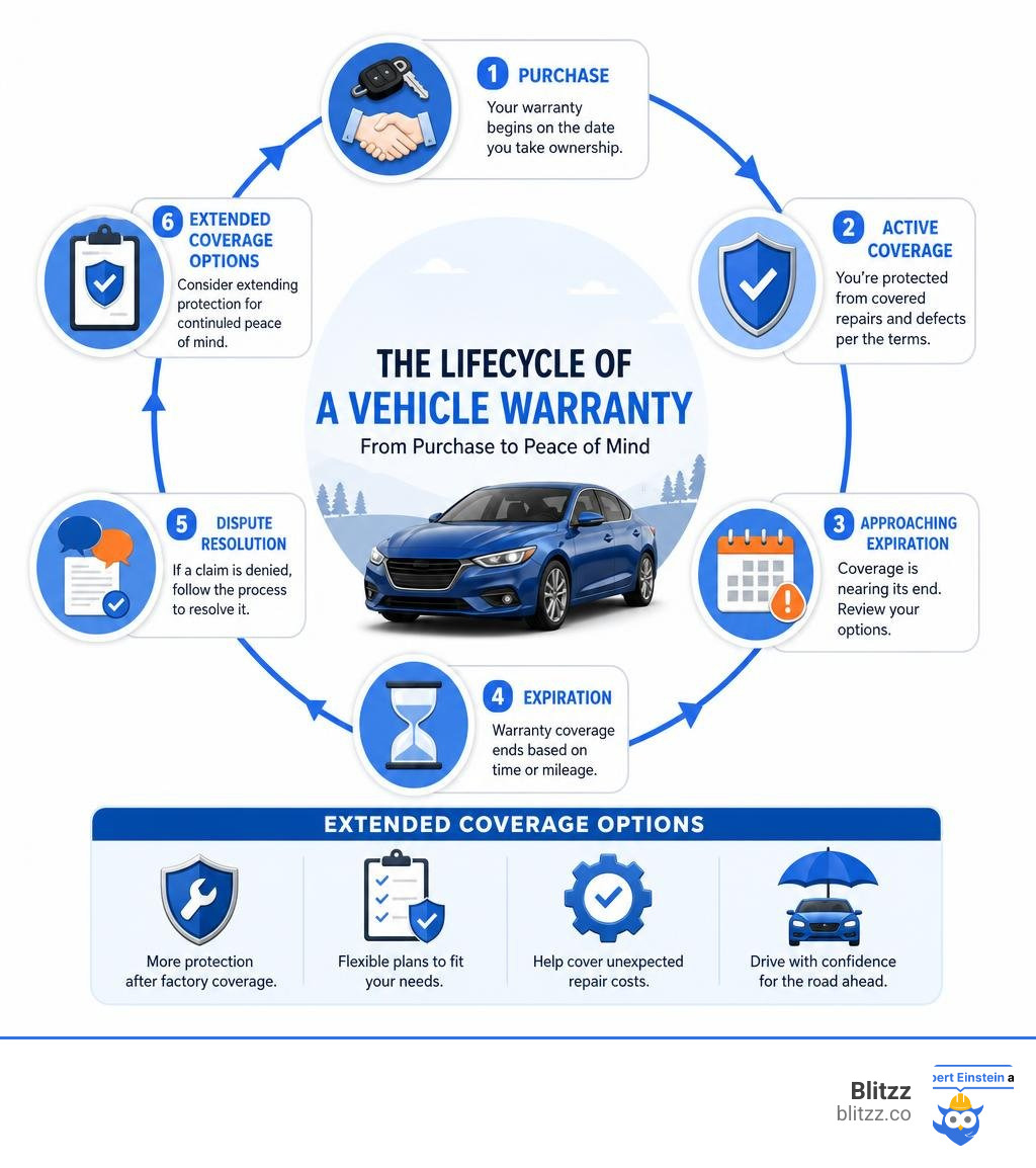 Lifecycle of a vehicle warranty from purchase through expiration, dispute resolution, and extended coverage options