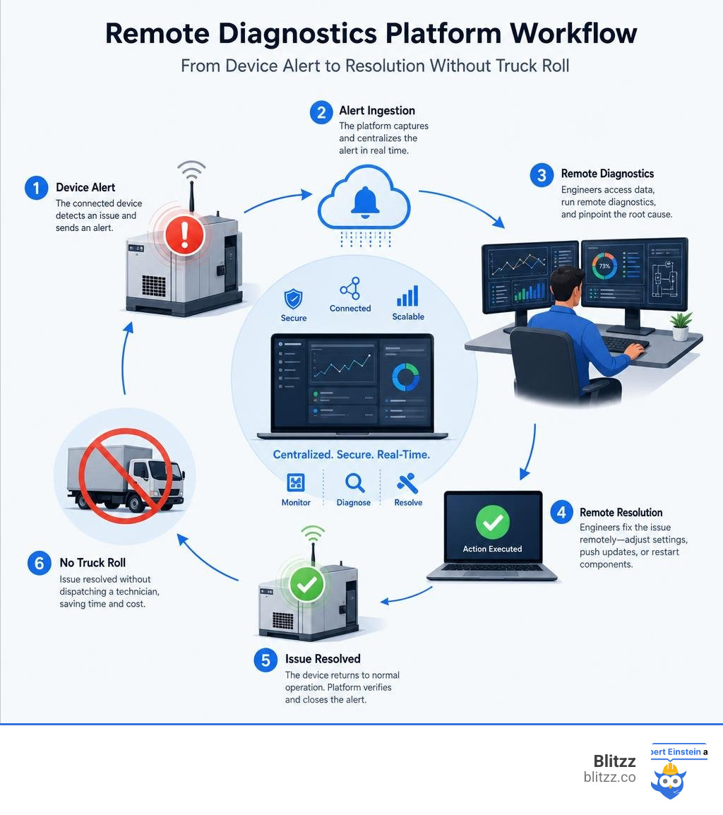 remote diagnostics platform workflow from device alert to resolution without truck roll infographic