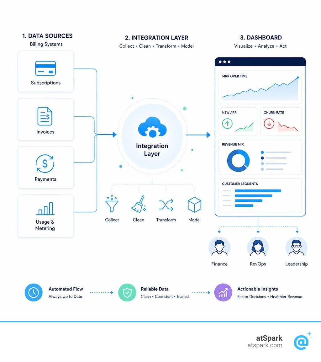 Flow of revenue data from billing systems through integration layer to dashboard visualizations infographic