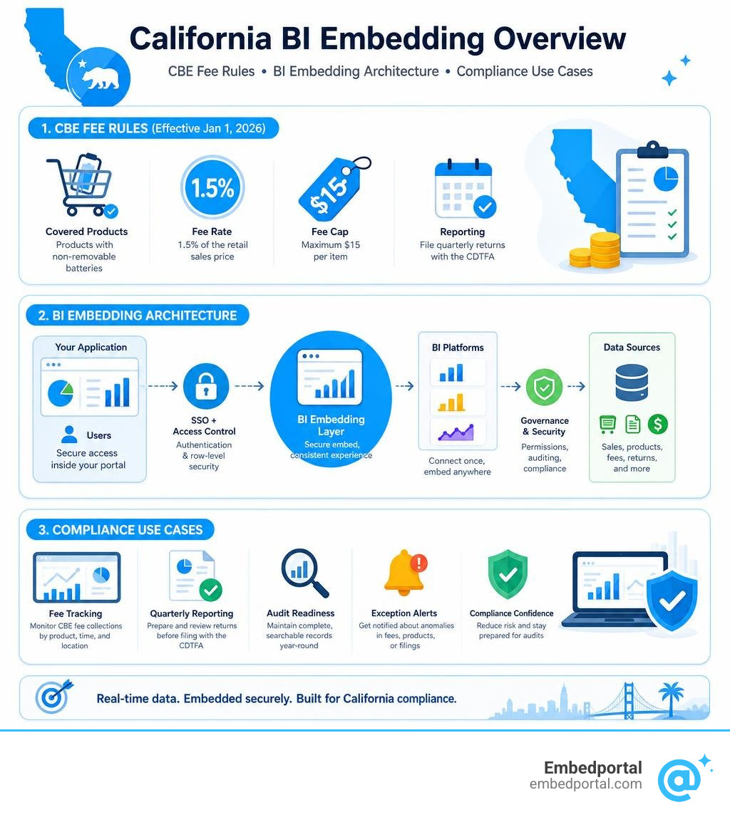California BI embedding overview: CBE fee rules, BI embedding architecture, compliance use cases infographic California BI embedding overview: CBE fee rules, BI embedding architecture, compliance use cases infographic