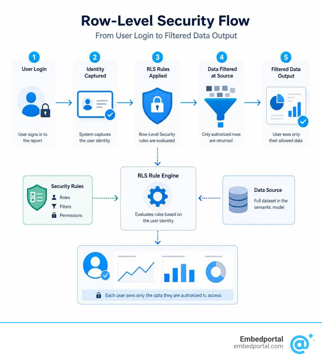 Flow diagram of Power BI row-level security from user login to filtered data output infographic