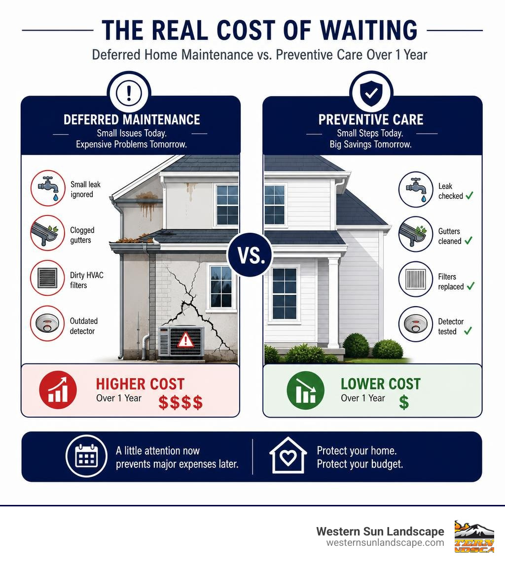 Infographic comparing cost of deferred home maintenance vs preventive care over 1 year infographic