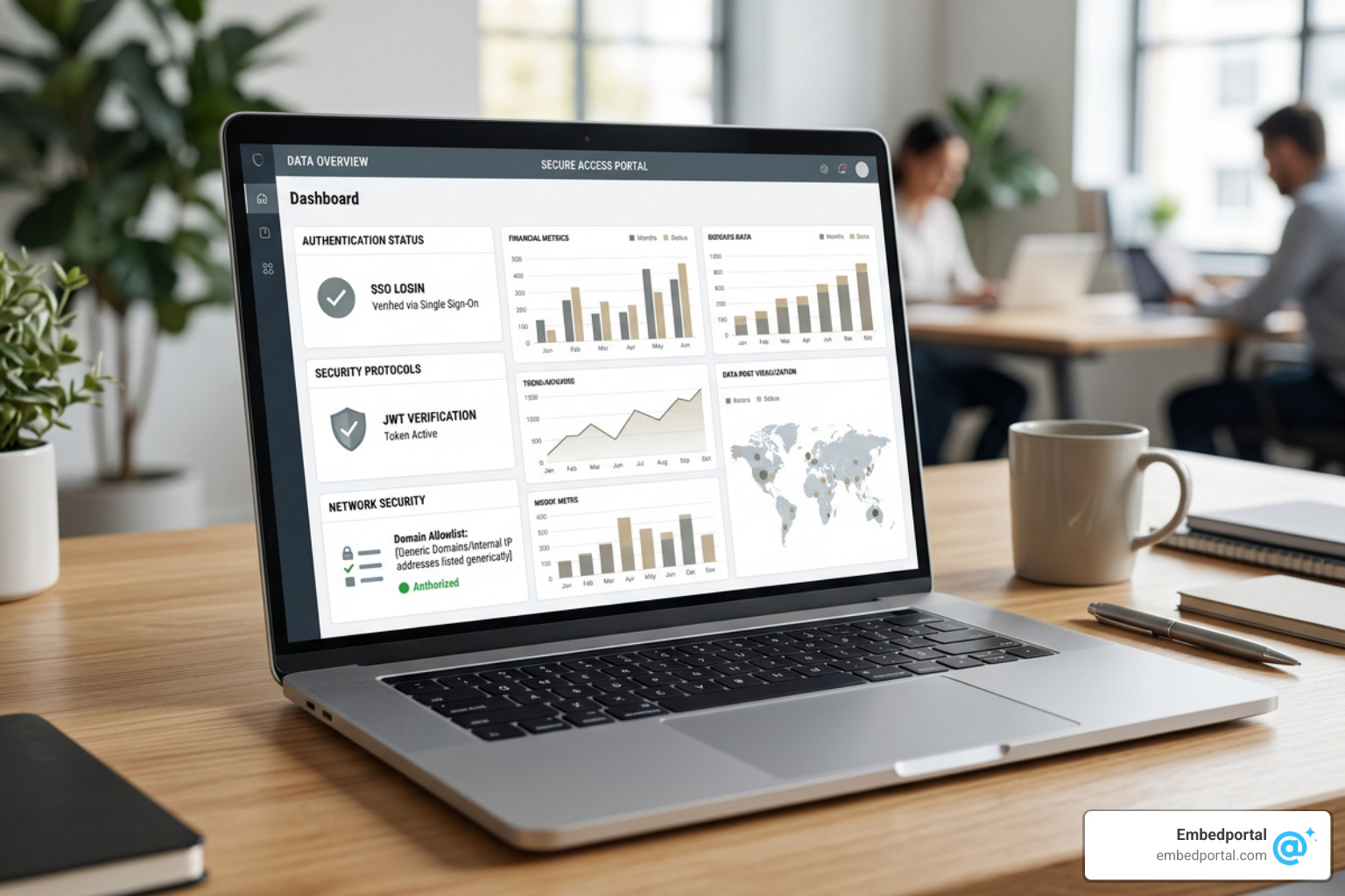 Secure embedded environment showing SSO integration, JWT verification, and active domain allowlists protecting the data flow Secure embedded environment showing SSO integration, JWT verification, and active domain allowlists protecting the data flow
