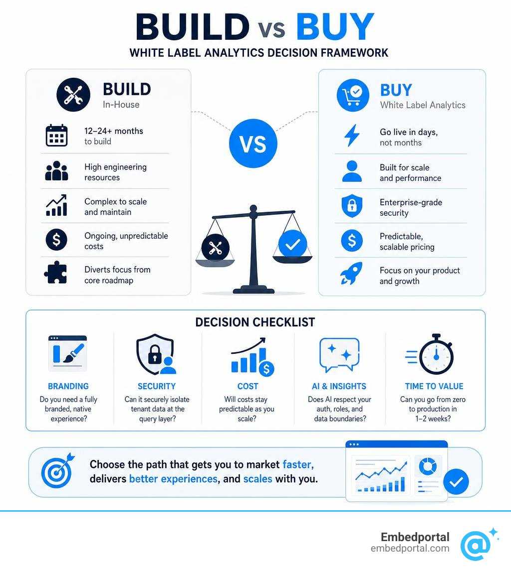 Build vs buy white label analytics decision framework infographic infographic Build vs buy white label analytics decision framework infographic infographic