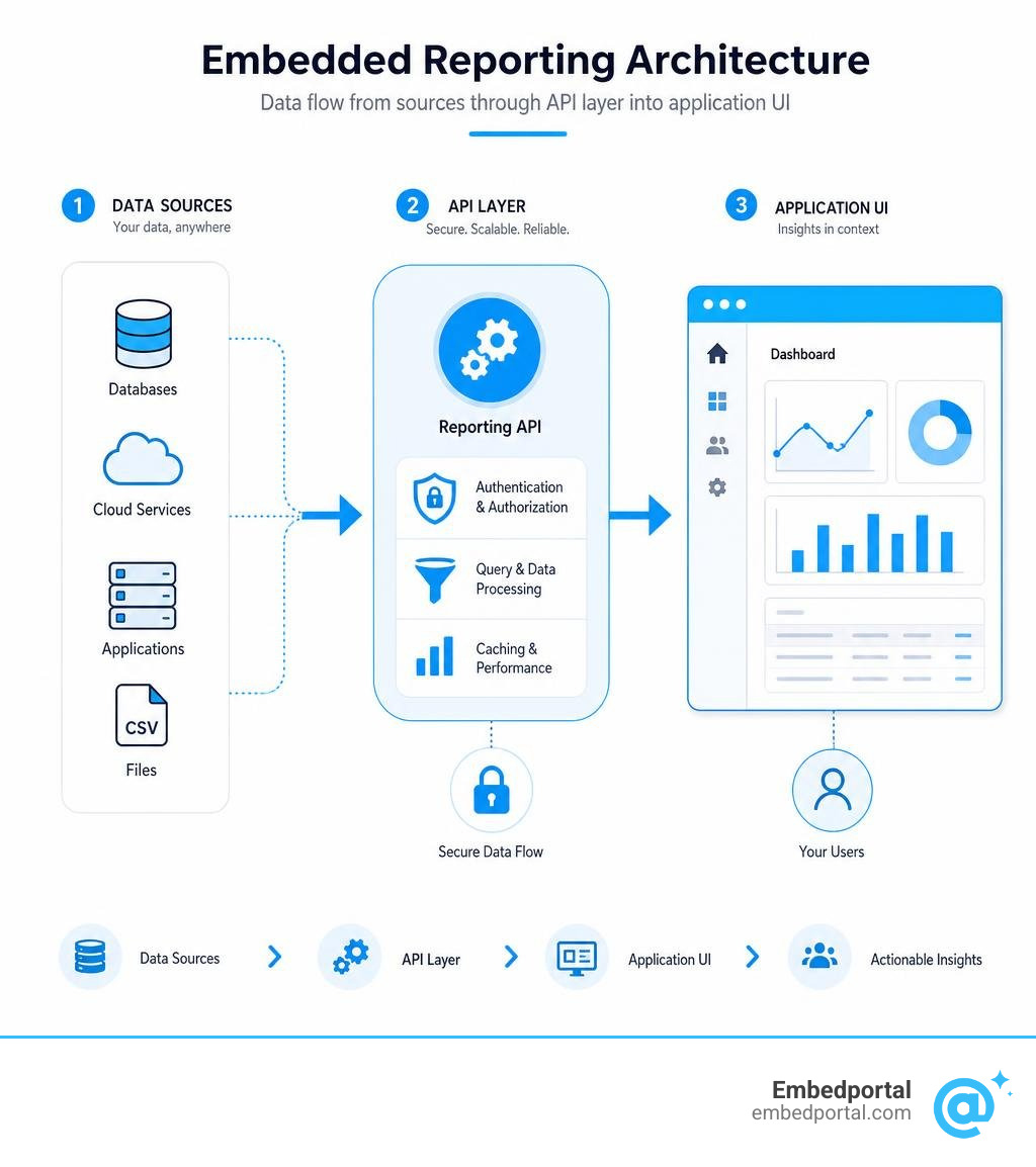 Embedded reporting architecture showing data flow from sources through API layer into application UI infographic