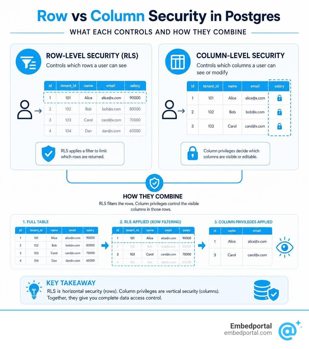 Row vs column security in Postgres: what each controls and how they combine infographic