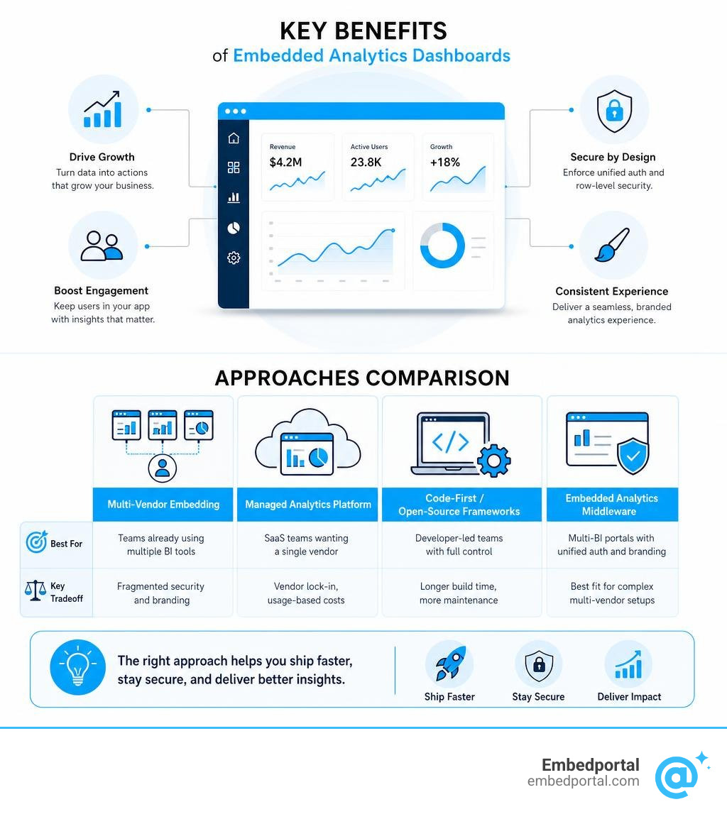 key benefits and approaches comparison for embedded analytics dashboards infographic