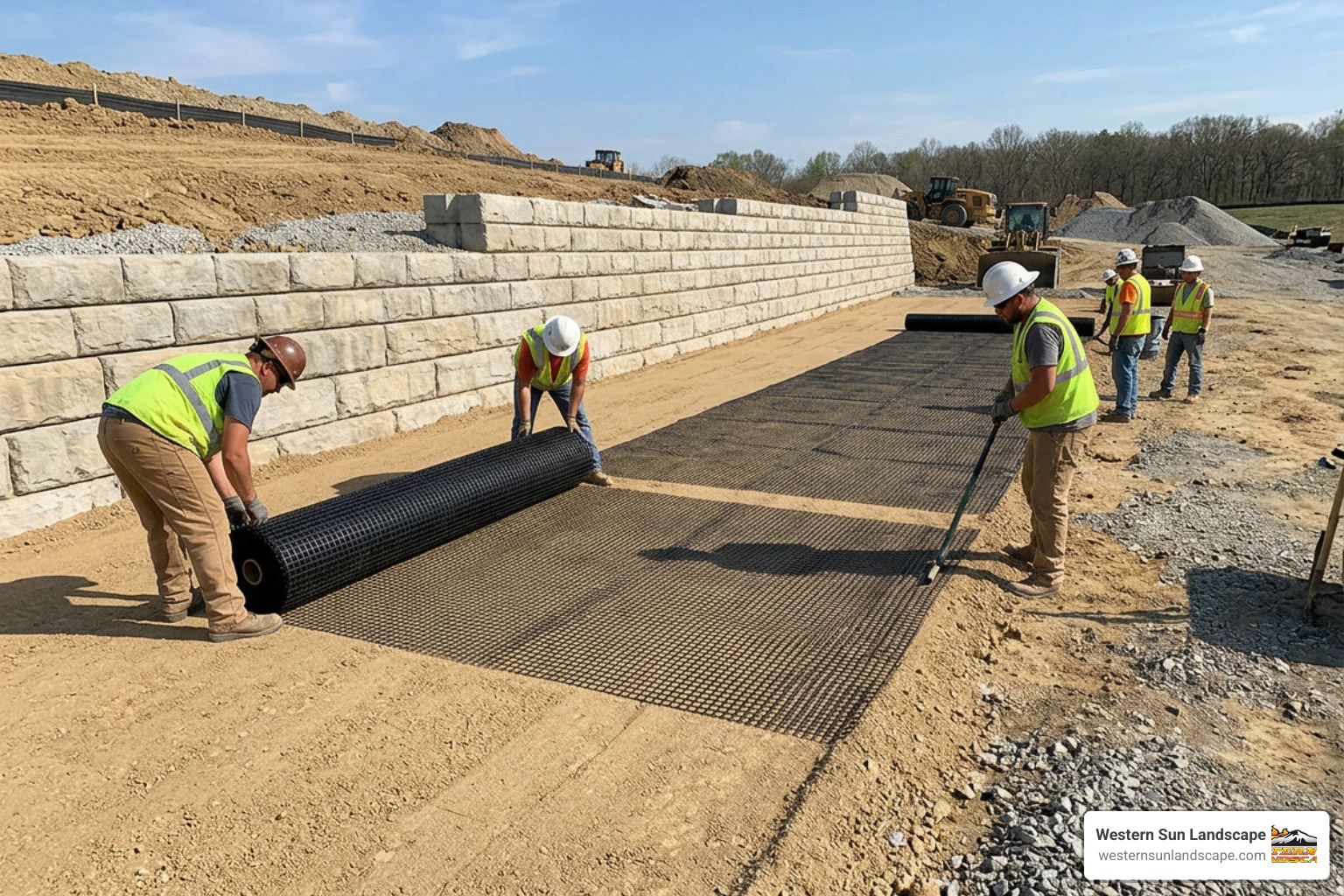 Geogrid installation on a construction site with compacted backfill layers Geogrid installation on a construction site with compacted backfill layers