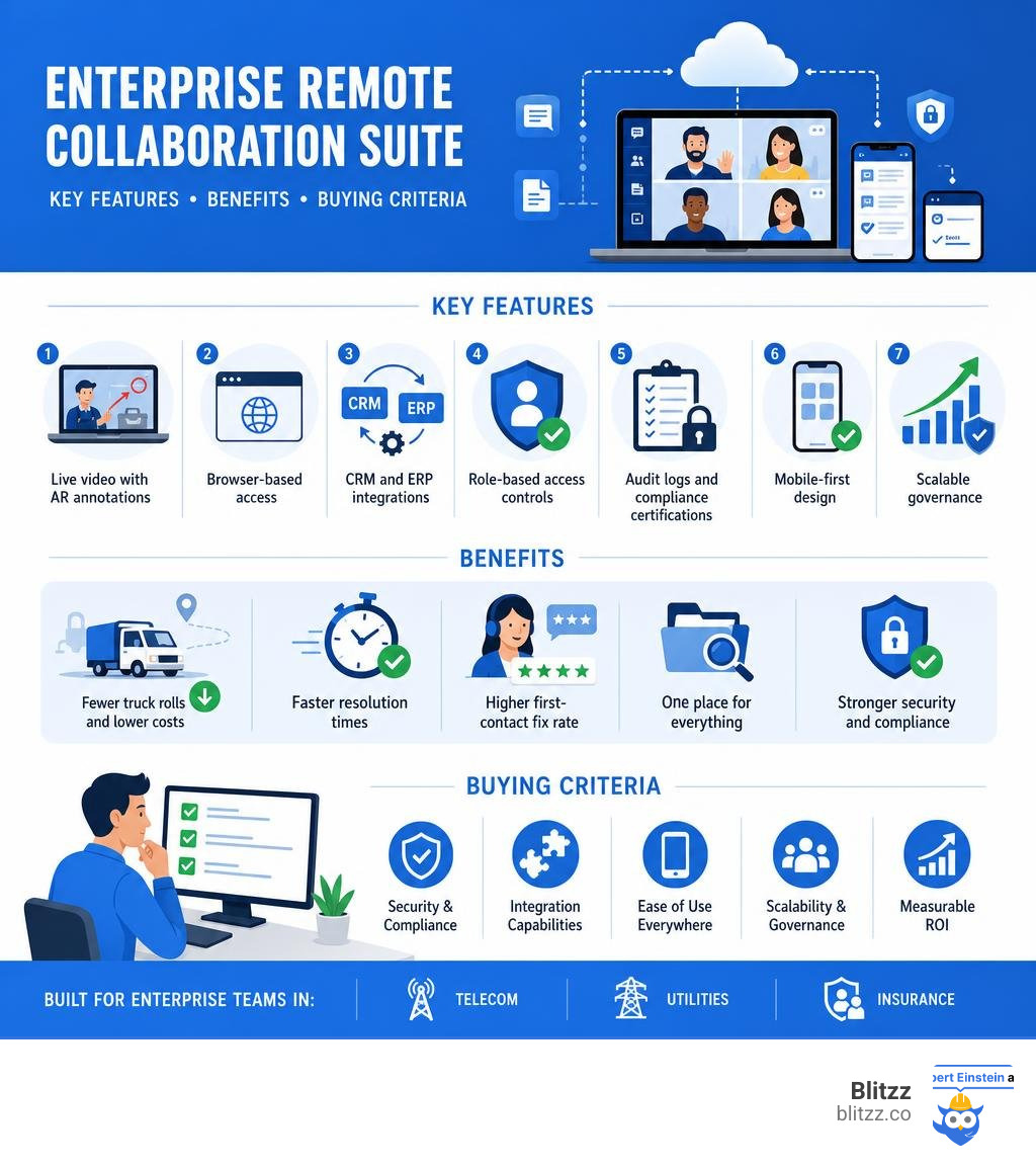 Key features, benefits, and buying criteria for an enterprise remote collaboration suite infographic