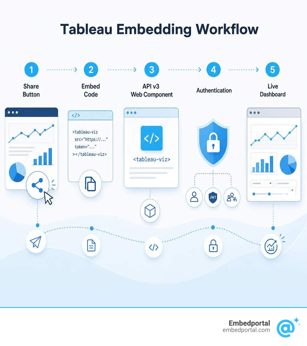 Tableau embedding workflow: Share button to embed code to API v3 web component to authentication to live dashboard infographic Tableau embedding workflow: Share button to embed code to API v3 web component to authentication to live dashboard infographic