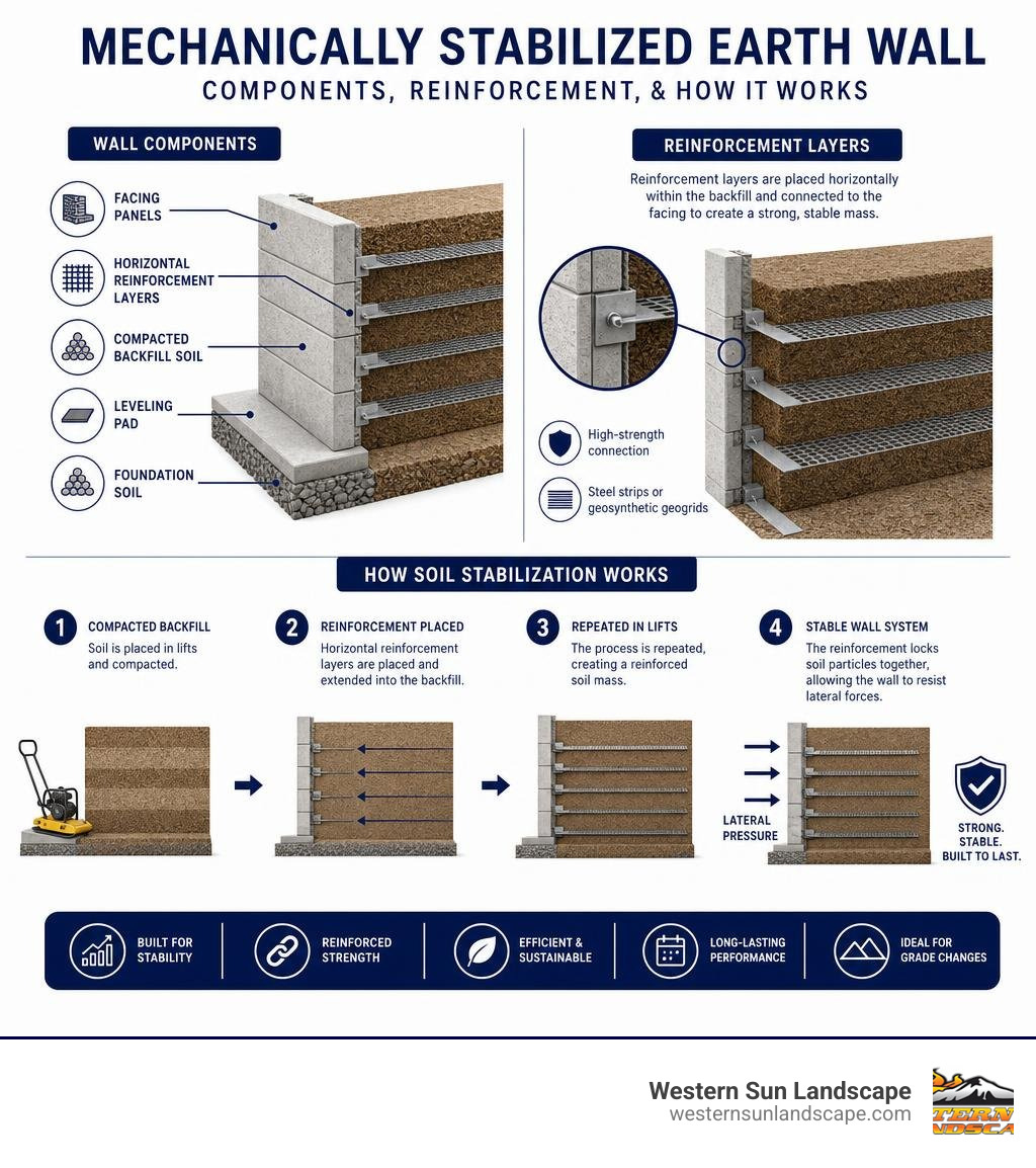 Infographic showing MSE wall components, reinforcement layers, and how soil stabilization works infographic Infographic showing MSE wall components, reinforcement layers, and how soil stabilization works infographic