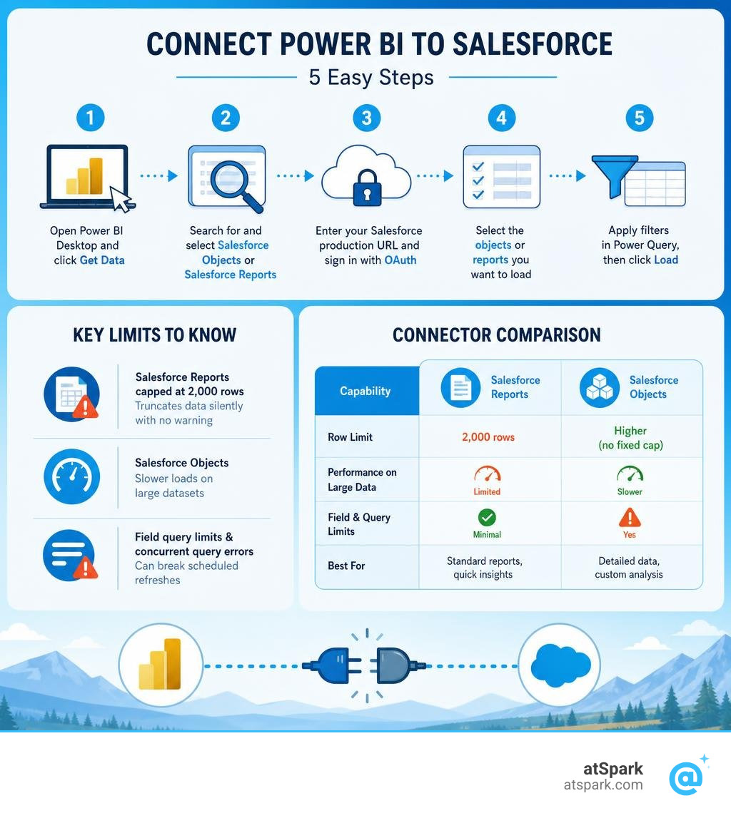 Steps to connect Power BI to Salesforce, key limits, and connector comparison infographic