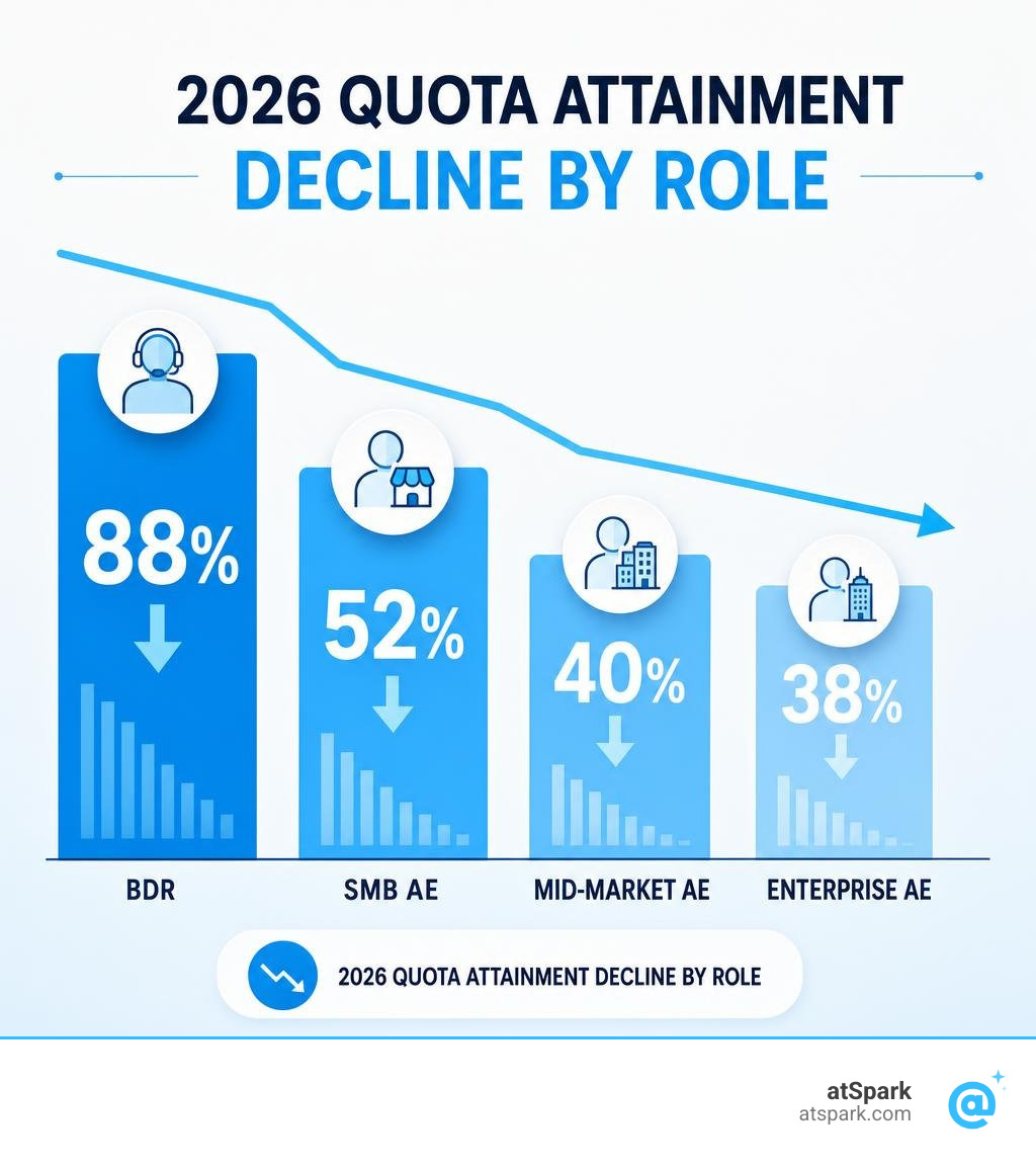 2026 quota attainment decline by role: BDR 88%, SMB AE 52%, Mid-Market AE 40%, Enterprise AE 38% infographic