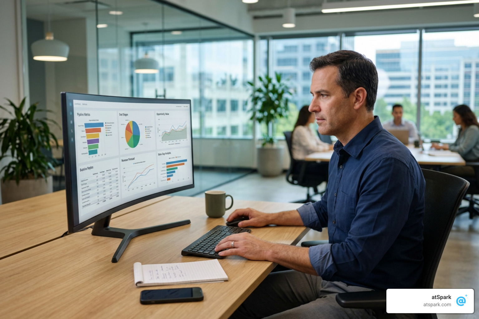 Sales manager sitting at a desk analyzing pipeline coverage and gap metrics on a screen
