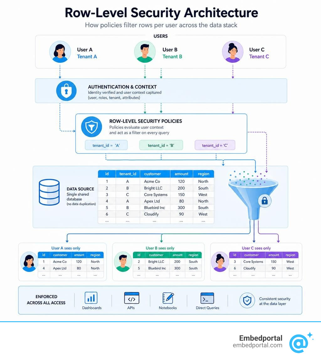 Row-level security architecture: how policies filter rows per user across the data stack infographic