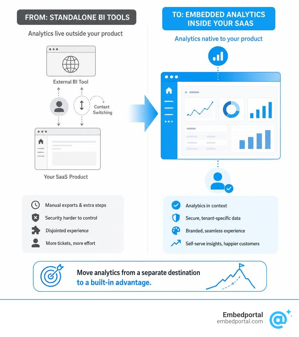 Infographic showing shift from standalone BI tools to embedded analytics inside SaaS products infographic Infographic showing shift from standalone BI tools to embedded analytics inside SaaS products infographic