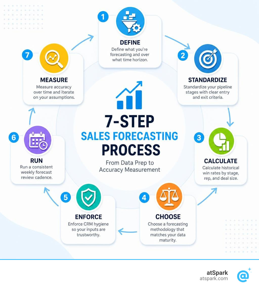 Overview of the 7-step sales forecasting process from data prep to accuracy measurement infographic