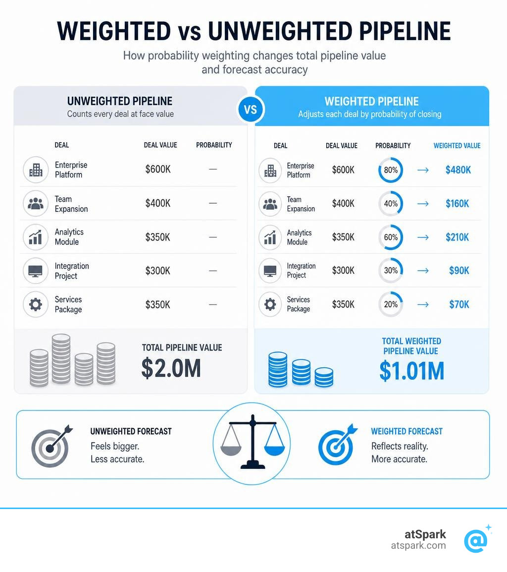 Weighted vs unweighted pipeline: how probability weighting changes total pipeline value and forecast accuracy infographic