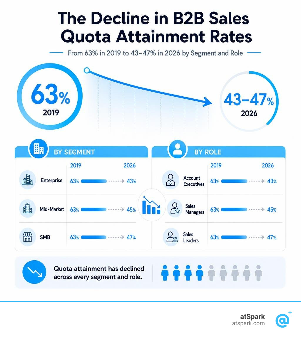 Decline in B2B sales quota attainment rates from 63% in 2019 to 43-47% in 2026 by segment and role infographic