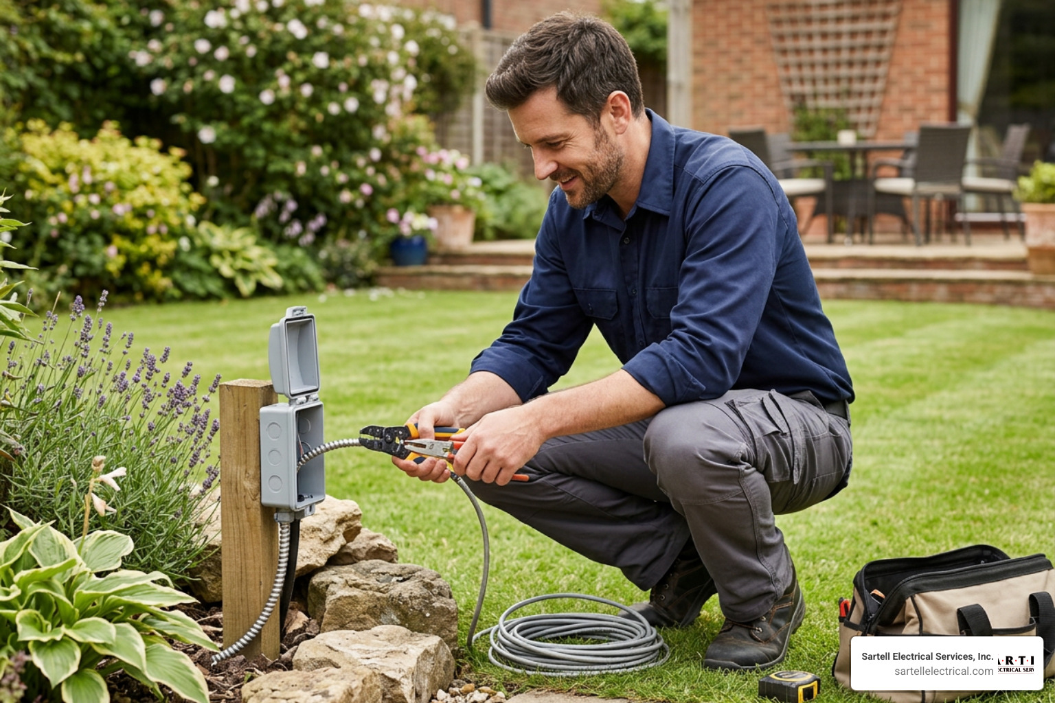 licensed electrician inspecting an outdoor breaker box and checking code compliance