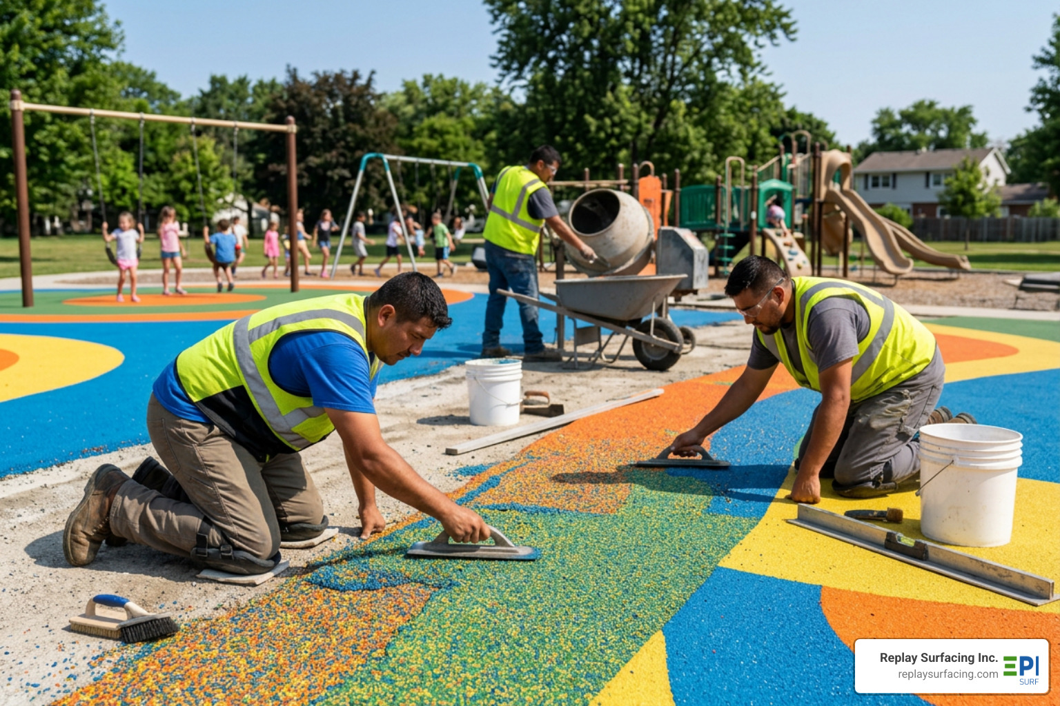 Professional installers troweling a vibrant EPDM rubber wear layer on a playground Professional installers troweling a vibrant EPDM rubber wear layer on a playground