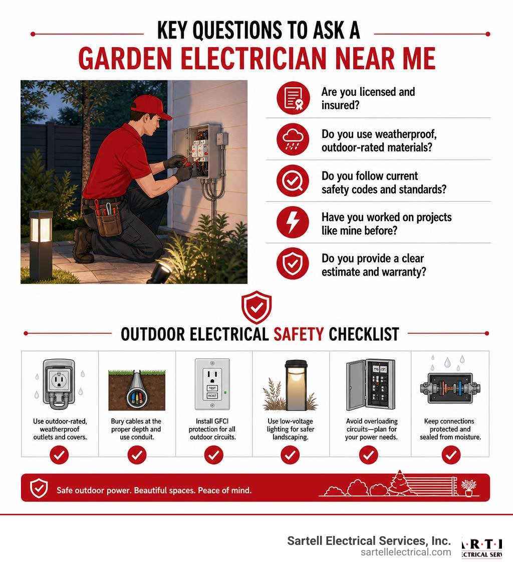 key questions to ask a garden electrician near me with outdoor electrical safety checklist infographic