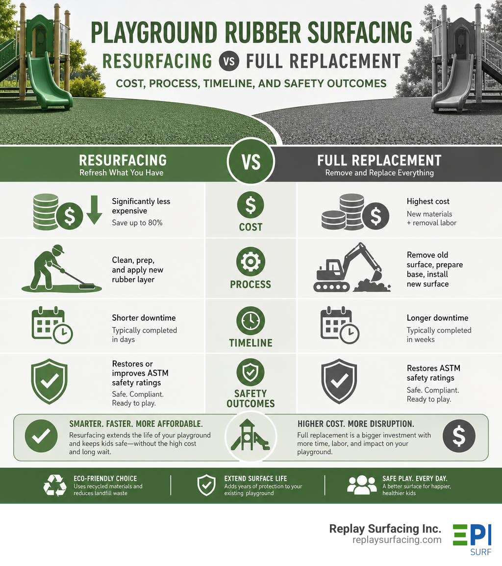 Infographic comparing playground rubber resurfacing vs full replacement: cost, process, timeline, and safety outcomes Infographic comparing playground rubber resurfacing vs full replacement: cost, process, timeline, and safety outcomes