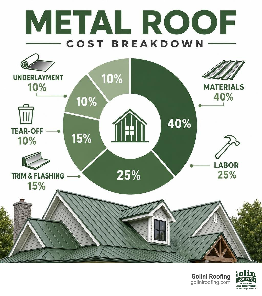 metal roof cost breakdown infographic showing materials, labor, tear-off, underlayment, and trim percentages infographic metal roof cost breakdown infographic showing materials, labor, tear-off, underlayment, and trim percentages infographic