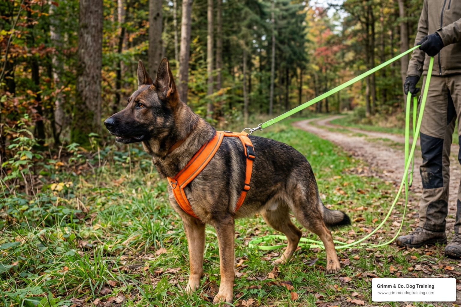 dog wearing a bright orange Y-front harness and a long line ready for a mantrailing run dog wearing a bright orange Y-front harness and a long line ready for a mantrailing run
