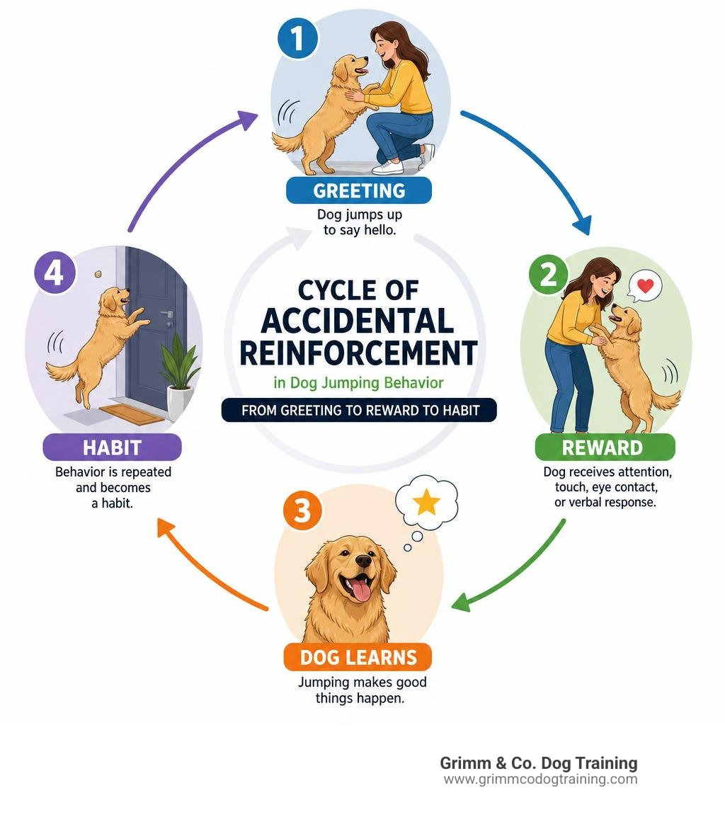 Cycle of accidental reinforcement in dog jumping behavior — from greeting to reward to habit infographic