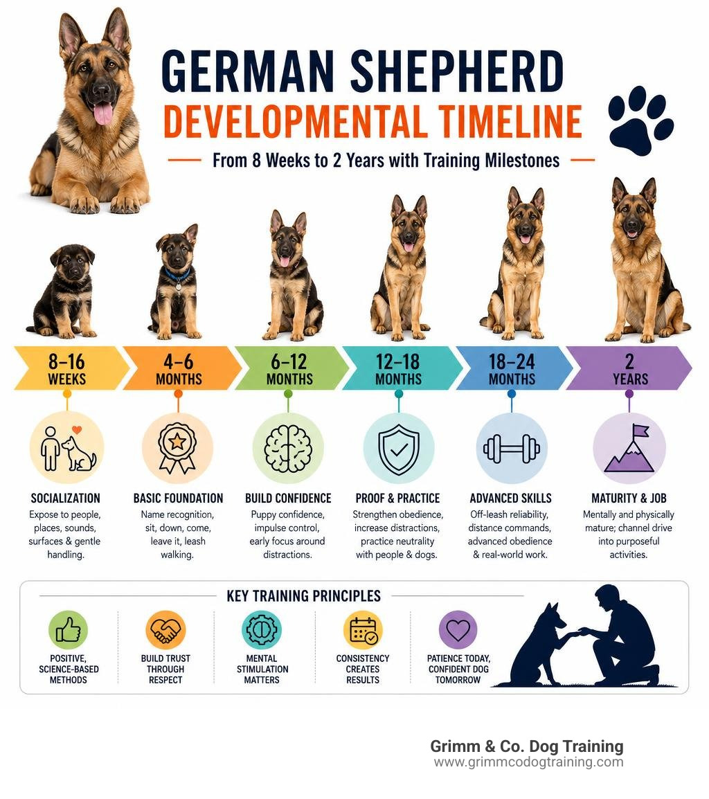 German Shepherd developmental timeline from 8 weeks to 2 years with training milestones infographic German Shepherd developmental timeline from 8 weeks to 2 years with training milestones infographic