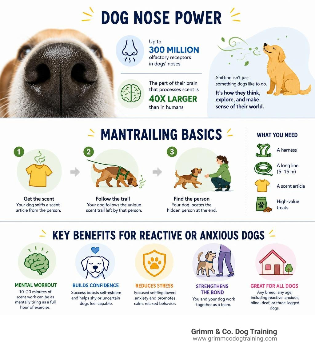 infographic showing dog nose power, mantrailing basics, and key benefits for reactive or anxious dogs infographic infographic showing dog nose power, mantrailing basics, and key benefits for reactive or anxious dogs infographic