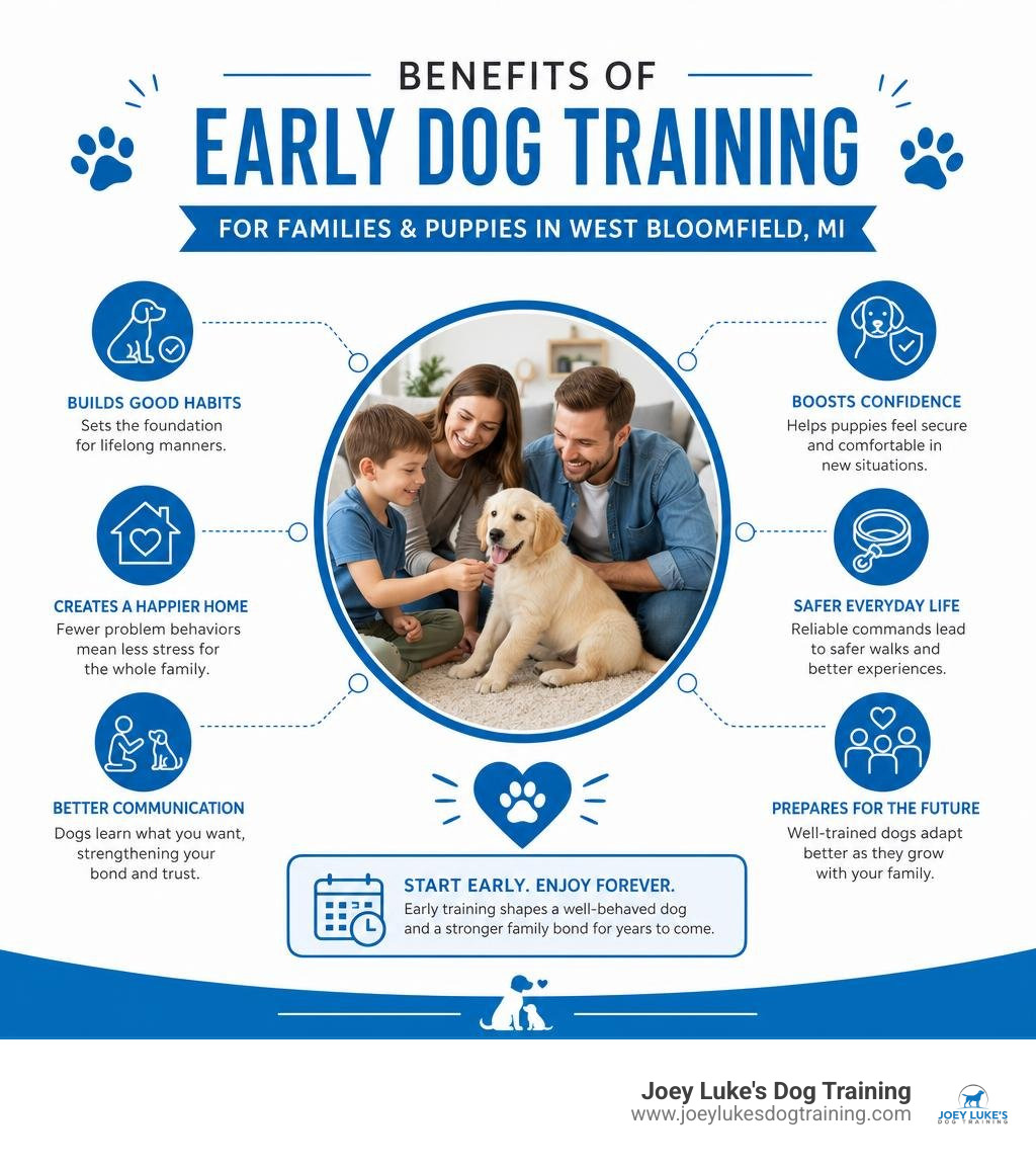 Benefits of early dog training for families and puppies in West Bloomfield MI infographic Benefits of early dog training for families and puppies in West Bloomfield MI infographic