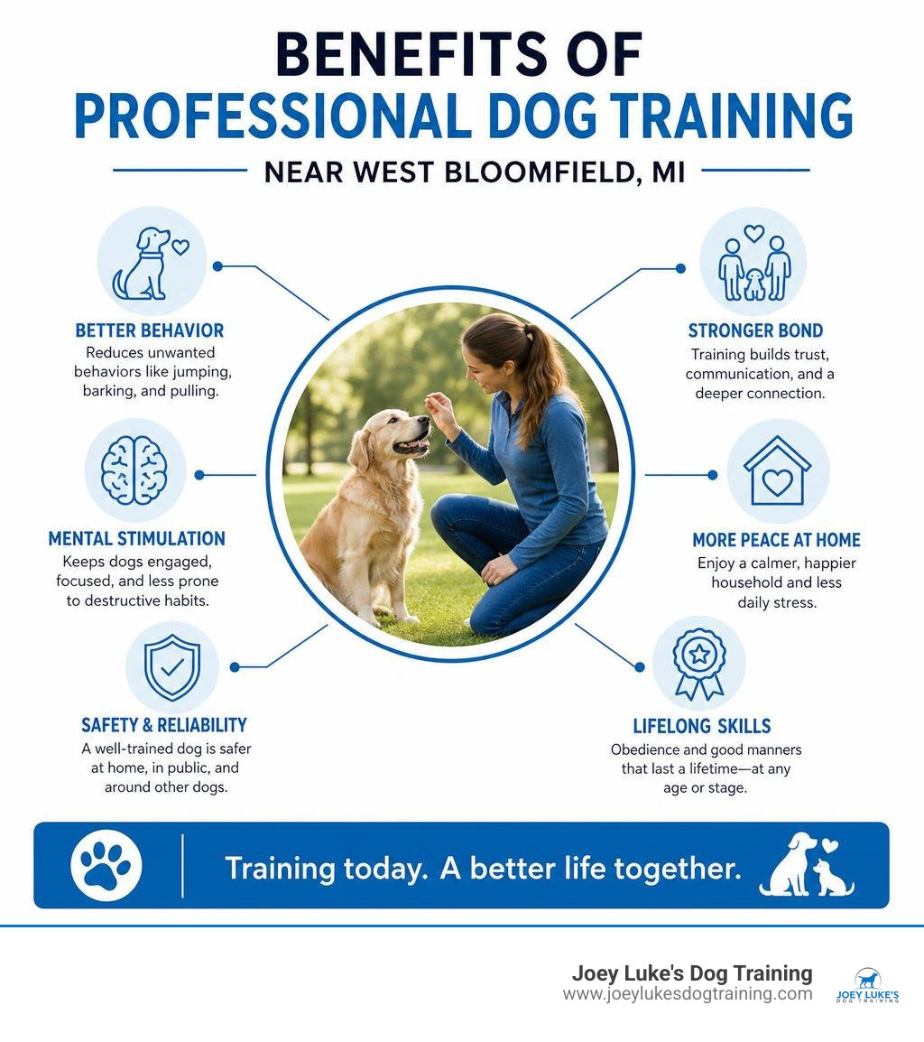 Benefits of professional dog training near West Bloomfield MI overview infographic Benefits of professional dog training near West Bloomfield MI overview infographic