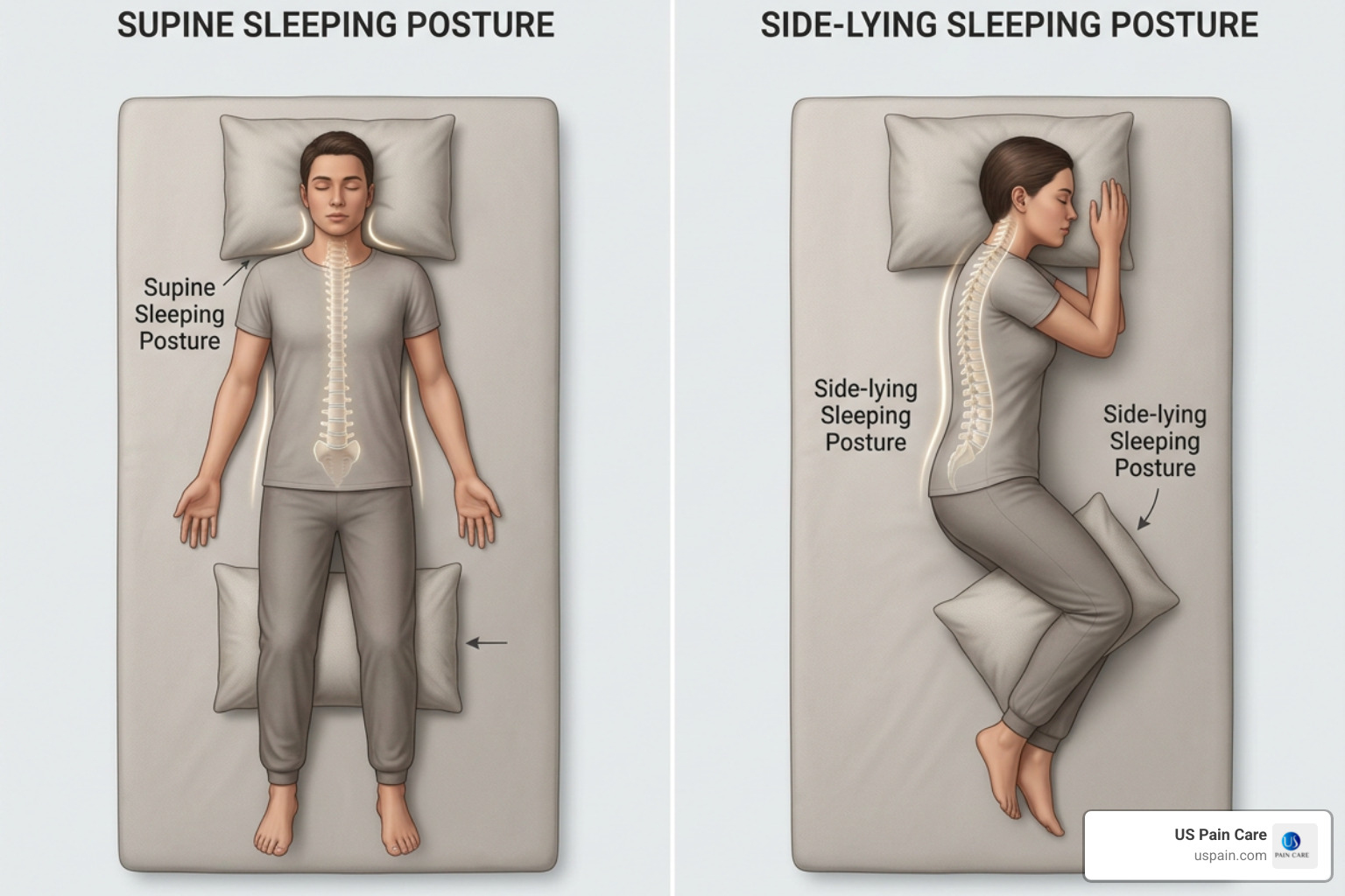 Illustrations of correct sleeping postures showing proper spinal alignment Illustrations of correct sleeping postures showing proper spinal alignment