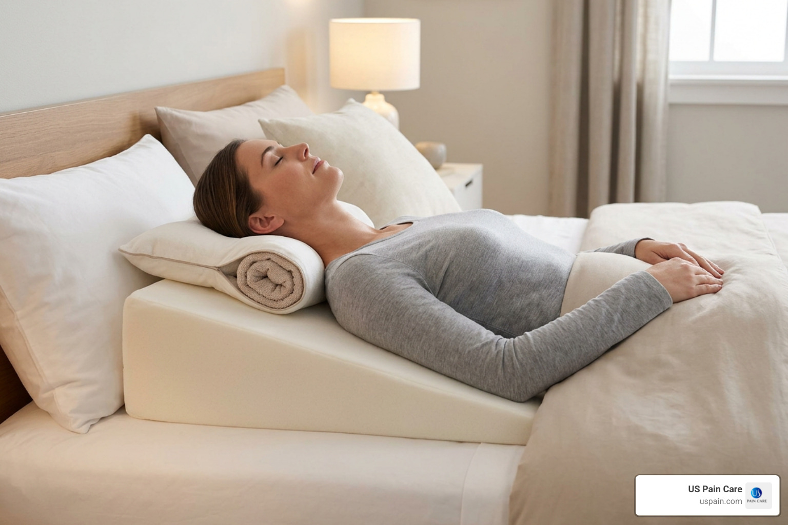 Ergonomic pillow setup for upper back strain showing correct head and neck support Ergonomic pillow setup for upper back strain showing correct head and neck support