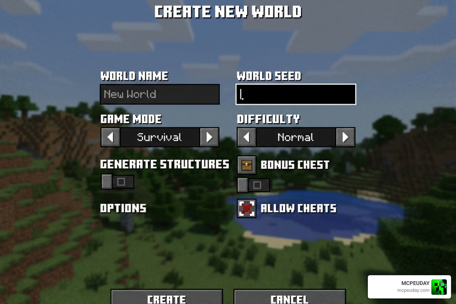 Minecraft seed input screen in the world creation settings Minecraft seed input screen in the world creation settings