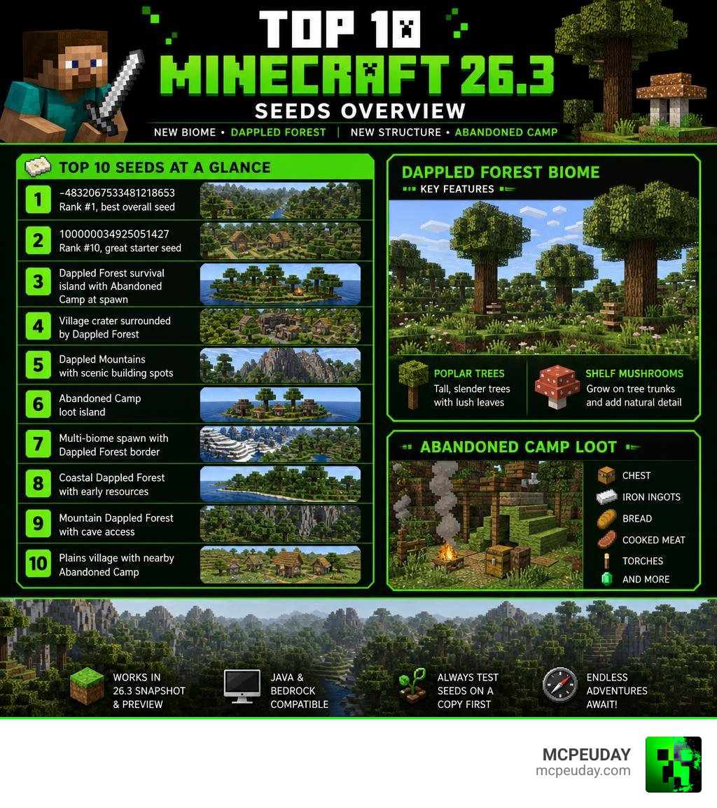 Top 10 Minecraft 26.3 seeds overview with Dappled Forest biome features and Abandoned Camp loot infographic Top 10 Minecraft 26.3 seeds overview with Dappled Forest biome features and Abandoned Camp loot infographic