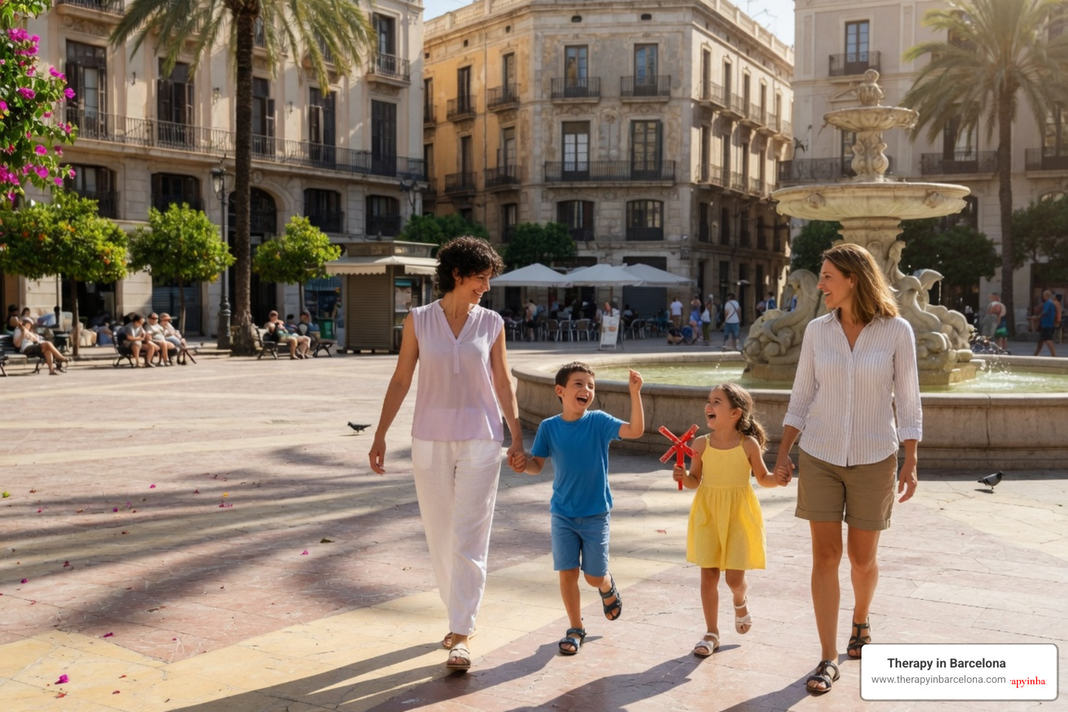 family walking through a sunny plaza in Valencia, relaxed atmosphere, children laughing