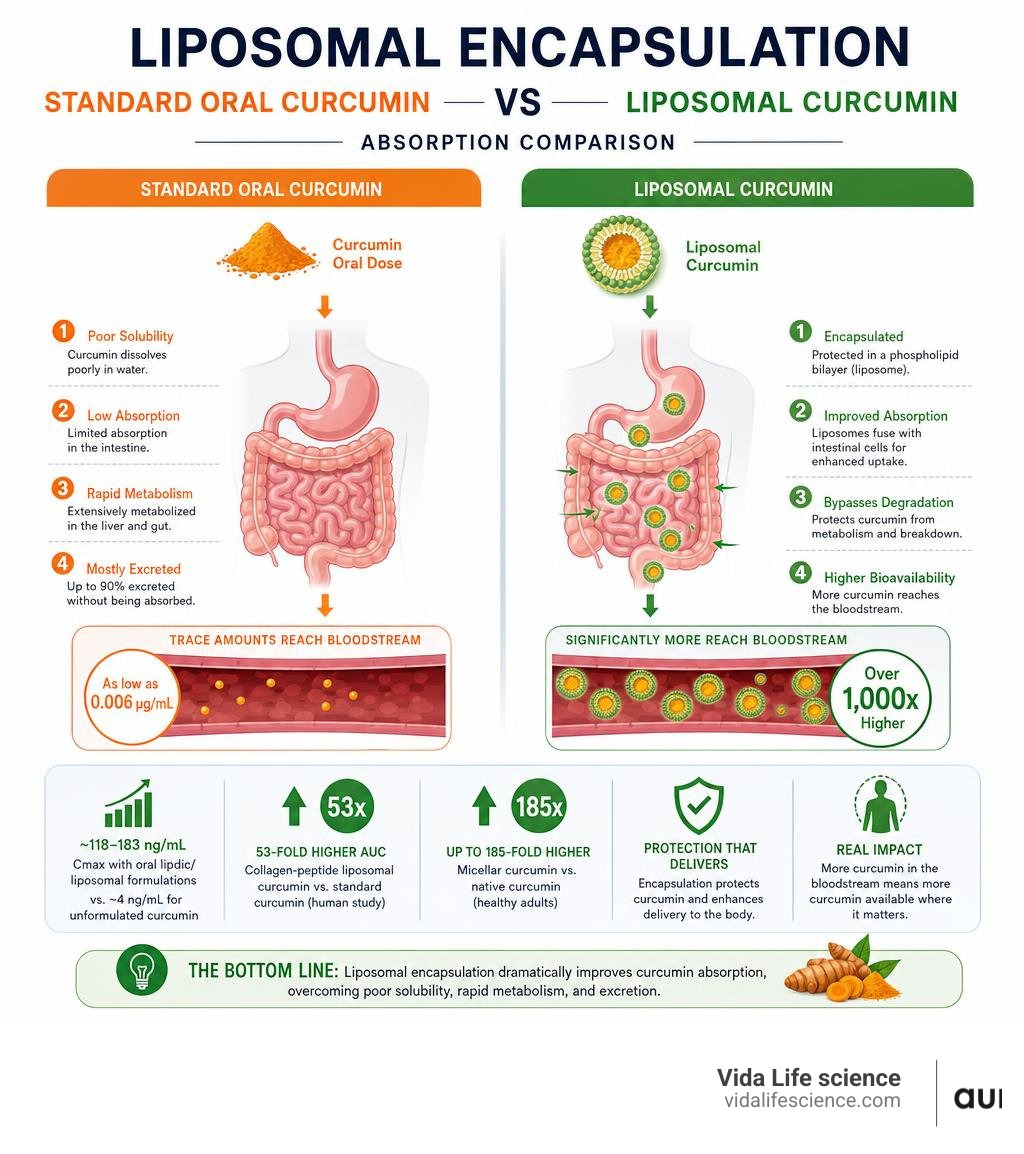 Liposomal encapsulation vs standard oral curcumin absorption comparison infographic infographic Liposomal encapsulation vs standard oral curcumin absorption comparison infographic infographic