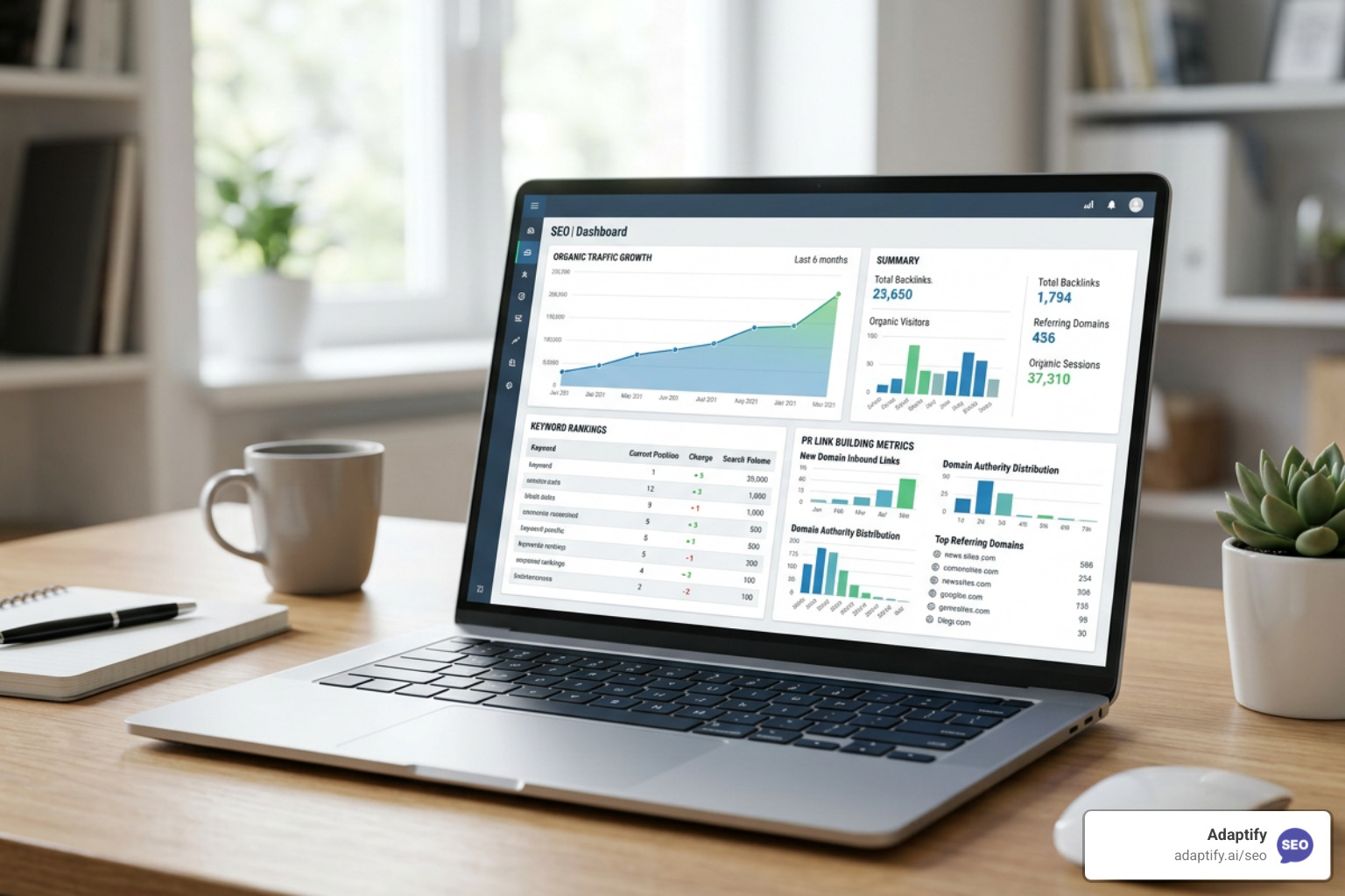 Adaptify automated SEO dashboard showing organic growth and PR link building metrics