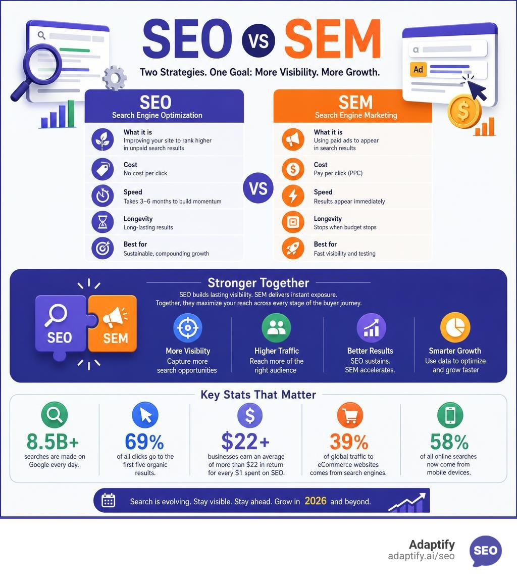 overview of SEO vs SEM differences, benefits, and key stats for digital marketing infographic